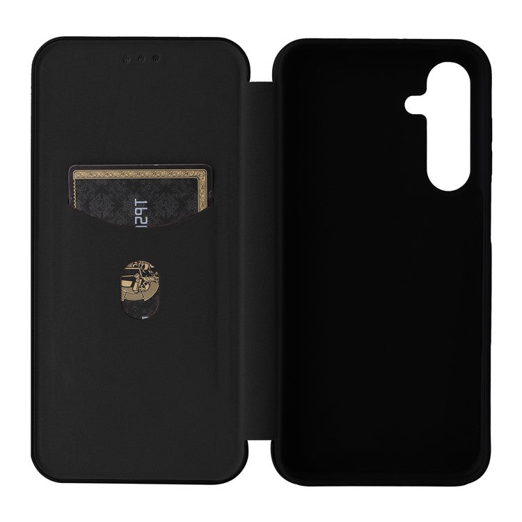 For Samsung Galaxy M35 5G Case Card Holder Carbon Fiber Texture Leather Cell Phone Cover - Black