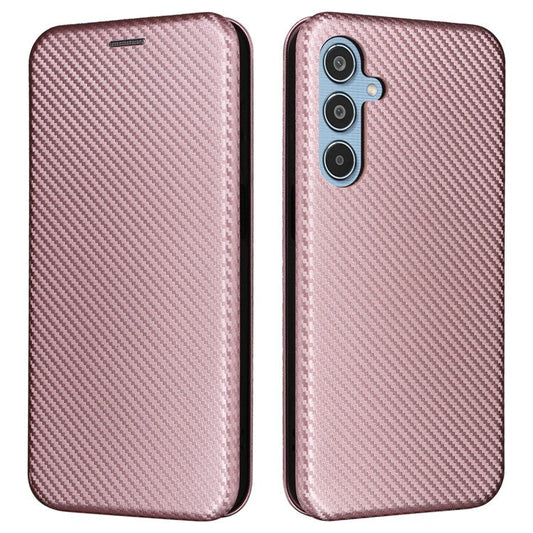 For Samsung Galaxy M35 5G Case Card Holder Carbon Fiber Texture Leather Cell Phone Cover - Rose Gold