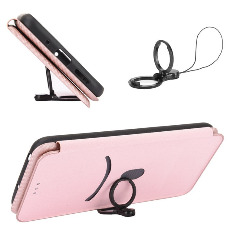 For Samsung Galaxy M35 5G Case Card Holder Carbon Fiber Texture Leather Cell Phone Cover - Rose Gold