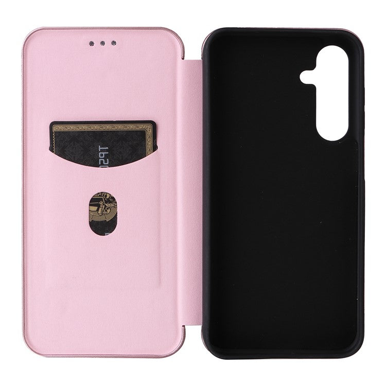 For Samsung Galaxy M35 5G Case Card Holder Carbon Fiber Texture Leather Cell Phone Cover - Rose Gold