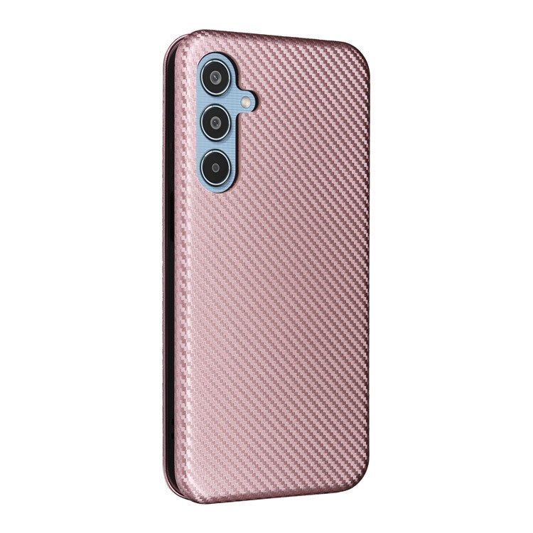 For Samsung Galaxy M35 5G Case Card Holder Carbon Fiber Texture Leather Cell Phone Cover - Rose Gold