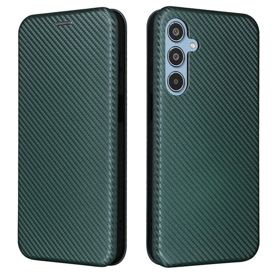 For Samsung Galaxy M35 5G Case Card Holder Carbon Fiber Texture Leather Cell Phone Cover - Green