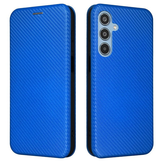 For Samsung Galaxy M35 5G Case Card Holder Carbon Fiber Texture Leather Cell Phone Cover - Blue