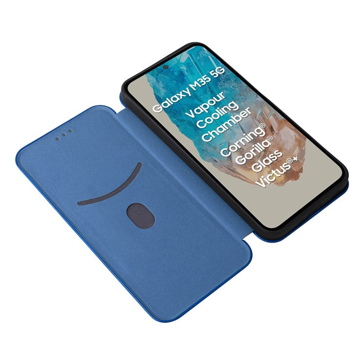 For Samsung Galaxy M35 5G Case Card Holder Carbon Fiber Texture Leather Cell Phone Cover - Blue