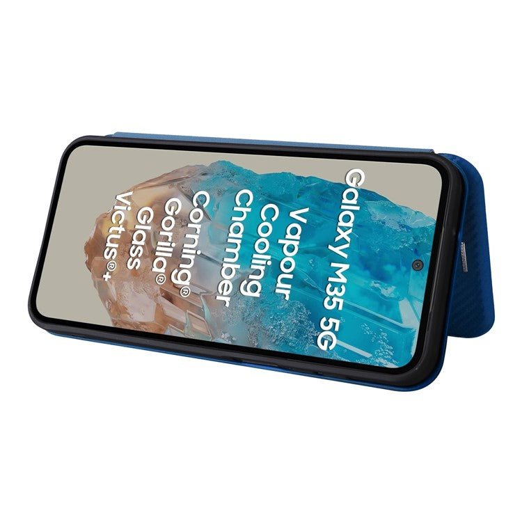 For Samsung Galaxy M35 5G Case Card Holder Carbon Fiber Texture Leather Cell Phone Cover - Blue