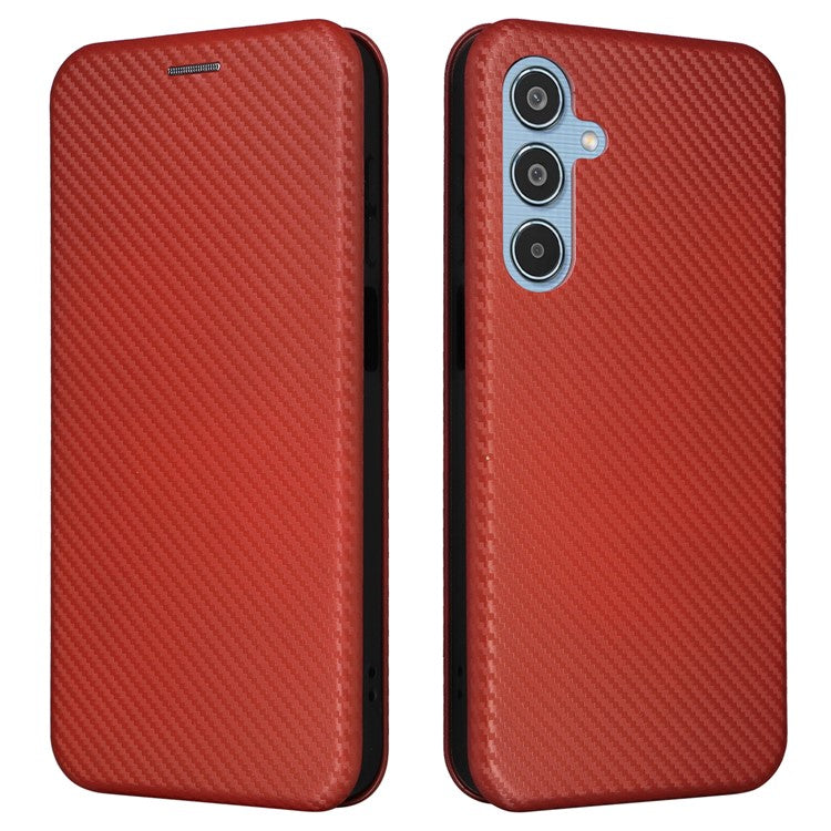 For Samsung Galaxy M35 5G Case Card Holder Carbon Fiber Texture Leather Cell Phone Cover - Brown