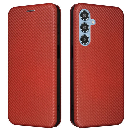 For Samsung Galaxy M35 5G Case Card Holder Carbon Fiber Texture Leather Cell Phone Cover - Brown