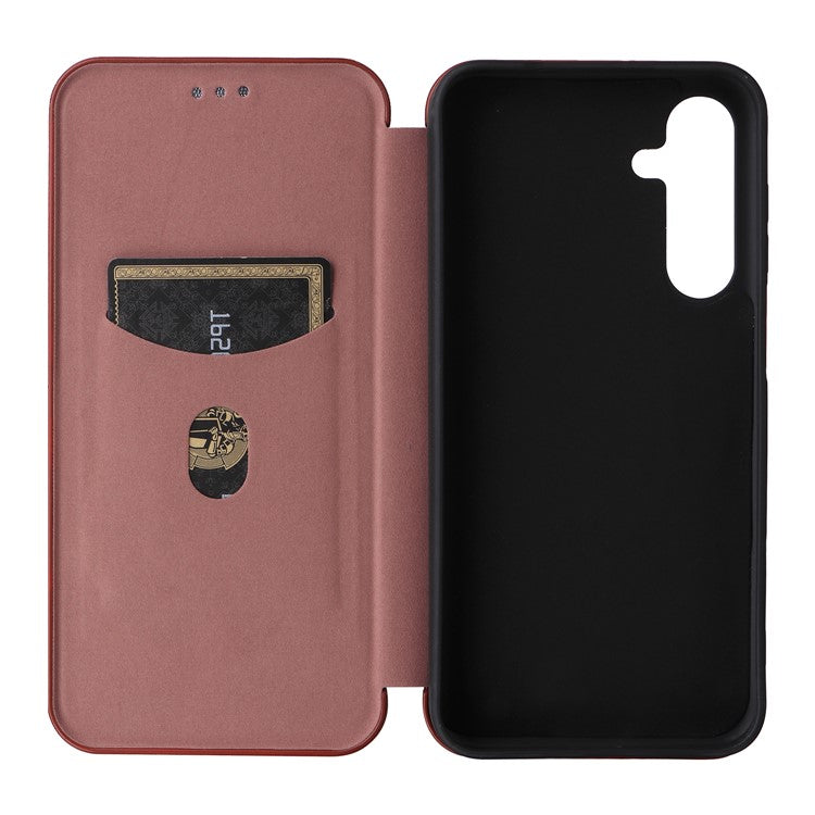 For Samsung Galaxy M35 5G Case Card Holder Carbon Fiber Texture Leather Cell Phone Cover - Brown