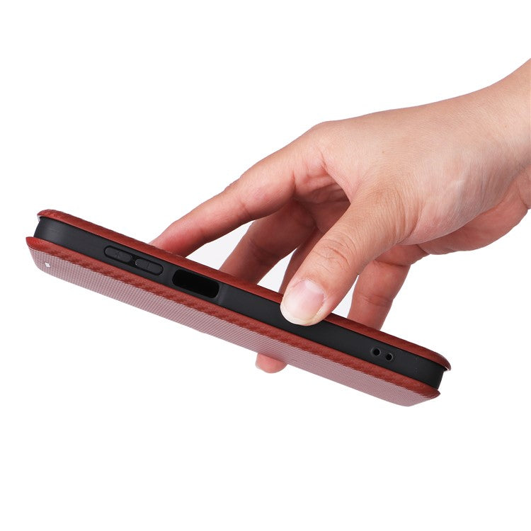 For Samsung Galaxy M35 5G Case Card Holder Carbon Fiber Texture Leather Cell Phone Cover - Brown