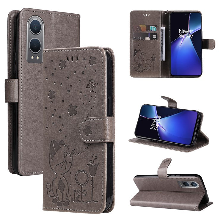 KT Imprinting Flower Series-4 For OnePlus Nord CE4 Lite 5G / Oppo K12x 5G (China) Case Cat Bee Protective Flip Leather Phone Cover - Grey