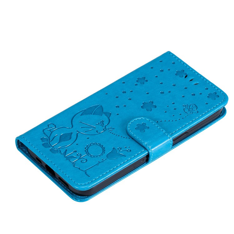 KT Imprinting Flower Series-4 For OnePlus Nord CE4 Lite 5G / Oppo K12x 5G (China) Case Cat Bee Protective Flip Leather Phone Cover - Blue