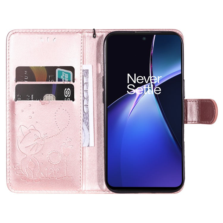 KT Imprinting Flower Series-4 For OnePlus Nord CE4 Lite 5G / Oppo K12x 5G (China) Case Cat Bee Protective Flip Leather Phone Cover - Rose Gold