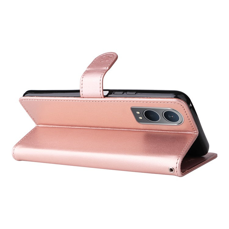 KT Imprinting Flower Series-4 For OnePlus Nord CE4 Lite 5G / Oppo K12x 5G (China) Case Cat Bee Protective Flip Leather Phone Cover - Rose Gold