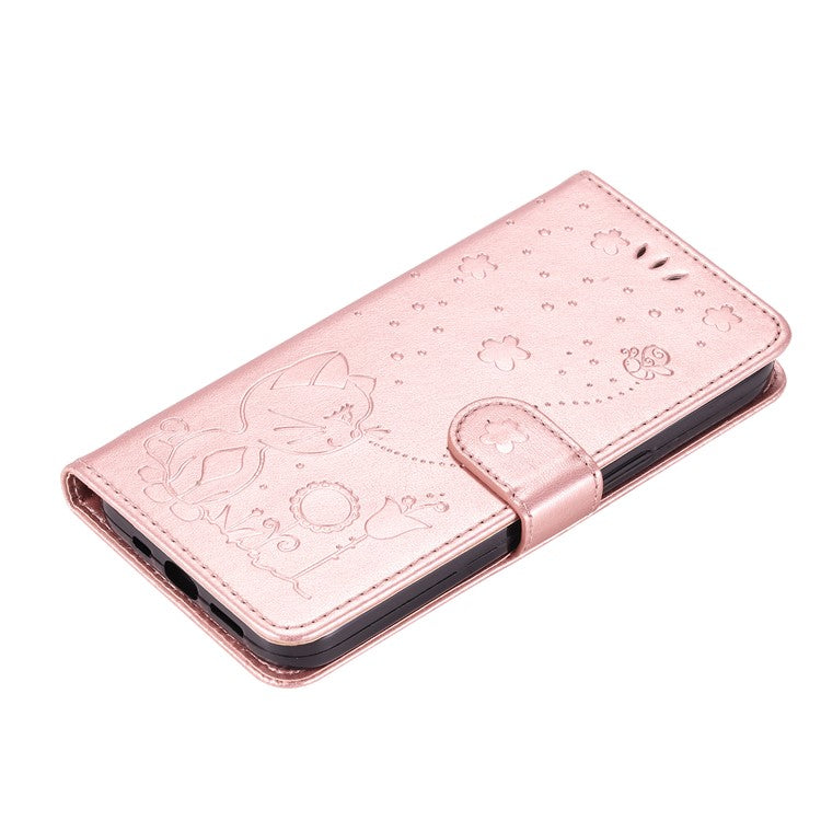 KT Imprinting Flower Series-4 For OnePlus Nord CE4 Lite 5G / Oppo K12x 5G (China) Case Cat Bee Protective Flip Leather Phone Cover - Rose Gold