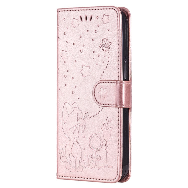 KT Imprinting Flower Series-4 For OnePlus Nord CE4 Lite 5G / Oppo K12x 5G (China) Case Cat Bee Protective Flip Leather Phone Cover - Rose Gold