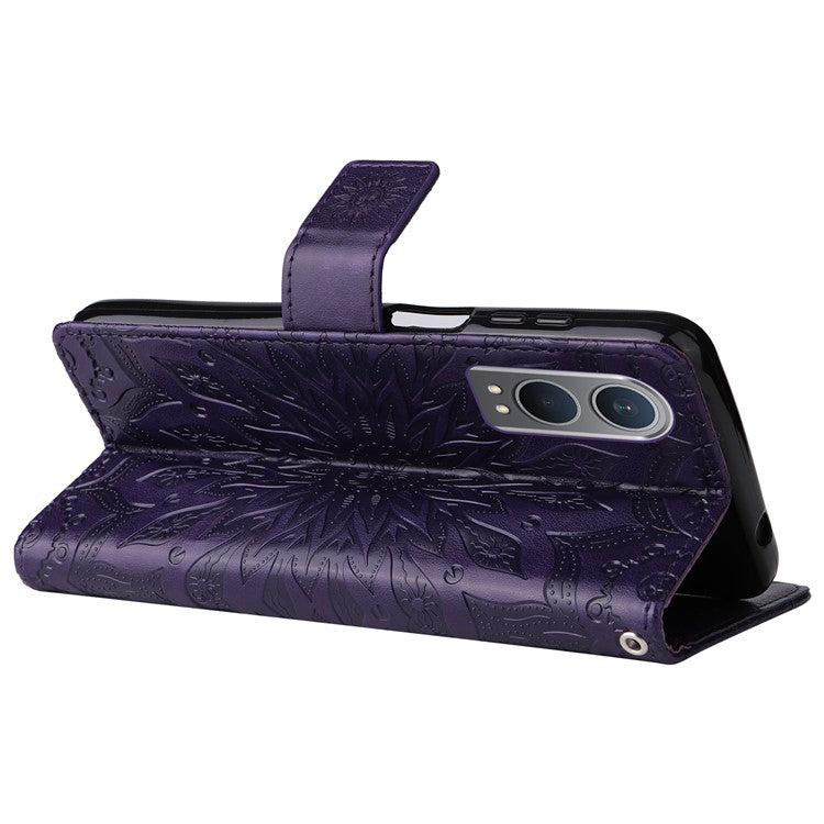 KT Imprinting Flower Series-1 For OnePlus Nord CE4 Lite 5G / Oppo K12x 5G (China) Case Sunflower Leather Card Holder Folio Phone Cover - Purple
