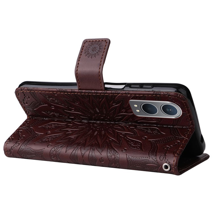 KT Imprinting Flower Series-1 For OnePlus Nord CE4 Lite 5G / Oppo K12x 5G (China) Case Sunflower Leather Card Holder Folio Phone Cover - Brown