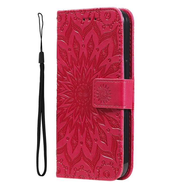 KT Imprinting Flower Series-1 For OnePlus Nord CE4 Lite 5G / Oppo K12x 5G (China) Case Sunflower Leather Card Holder Folio Phone Cover - Red