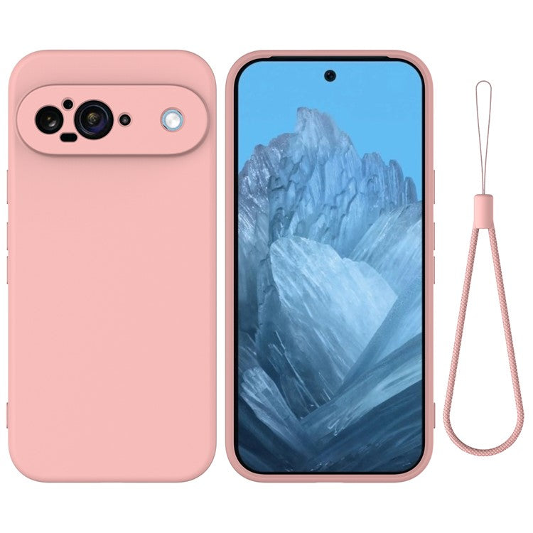 For Google Pixel 9 Case Liquid Silicone Shockproof Phone Cover with Hand Strap - Pink