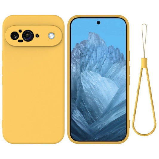 For Google Pixel 9 Case Liquid Silicone Shockproof Phone Cover with Hand Strap - Yellow
