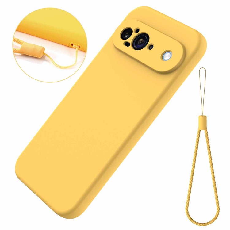 For Google Pixel 9 Case Liquid Silicone Shockproof Phone Cover with Hand Strap - Yellow