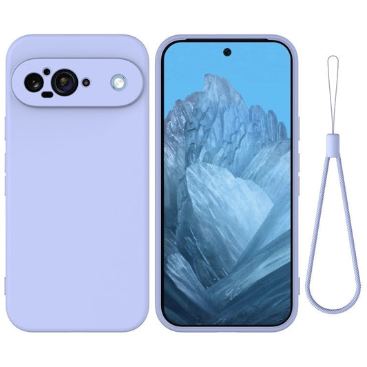 For Google Pixel 9 Case Liquid Silicone Shockproof Phone Cover with Hand Strap - Purple