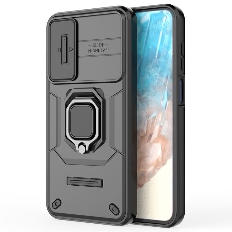 For Samsung Galaxy M35 5G Case PC+TPU Kickstand Phone Protector with Lens Cover - Black