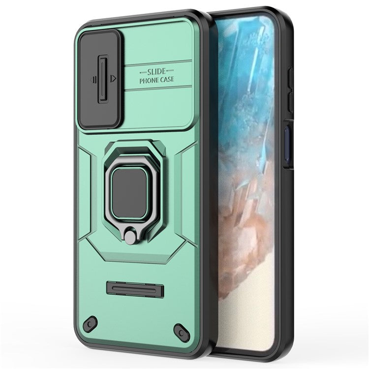 For Samsung Galaxy M35 5G Case PC+TPU Kickstand Phone Protector with Lens Cover - Green