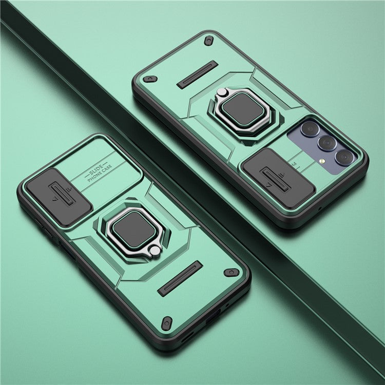 For Samsung Galaxy M35 5G Case PC+TPU Kickstand Phone Protector with Lens Cover - Green