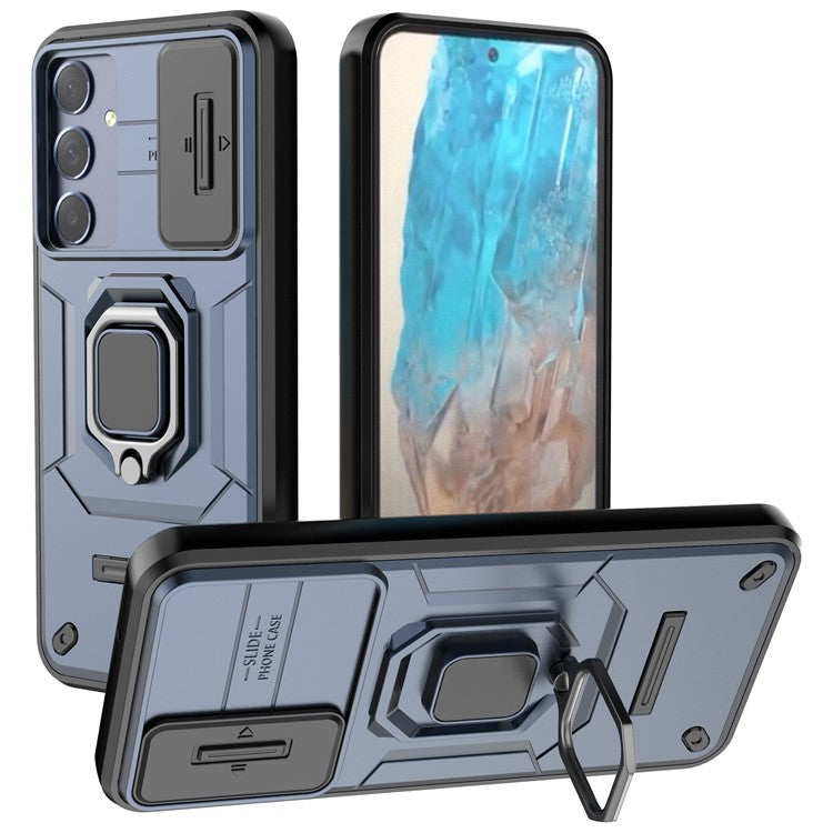 For Samsung Galaxy M35 5G Case PC+TPU Kickstand Phone Protector with Lens Cover - Blue