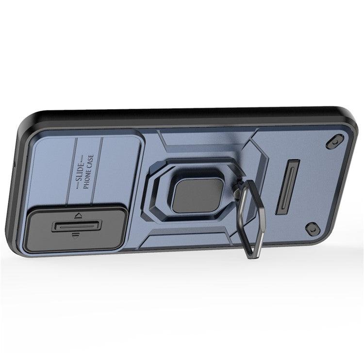 For Samsung Galaxy M35 5G Case PC+TPU Kickstand Phone Protector with Lens Cover - Blue
