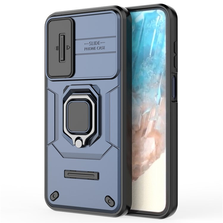 For Samsung Galaxy M35 5G Case PC+TPU Kickstand Phone Protector with Lens Cover - Blue