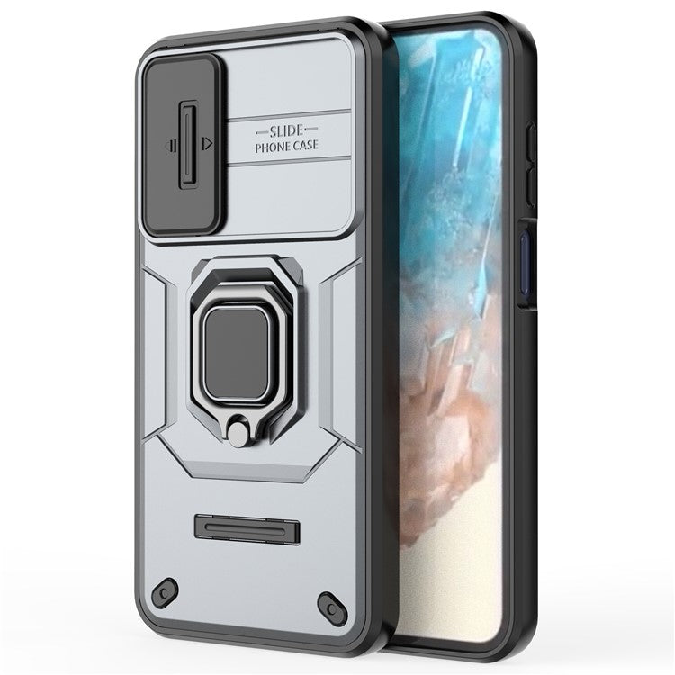 For Samsung Galaxy M35 5G Case PC+TPU Kickstand Phone Protector with Lens Cover - Grey