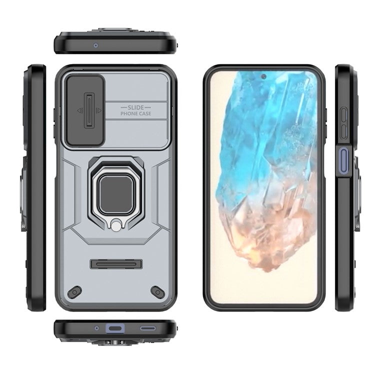 For Samsung Galaxy M35 5G Case PC+TPU Kickstand Phone Protector with Lens Cover - Grey