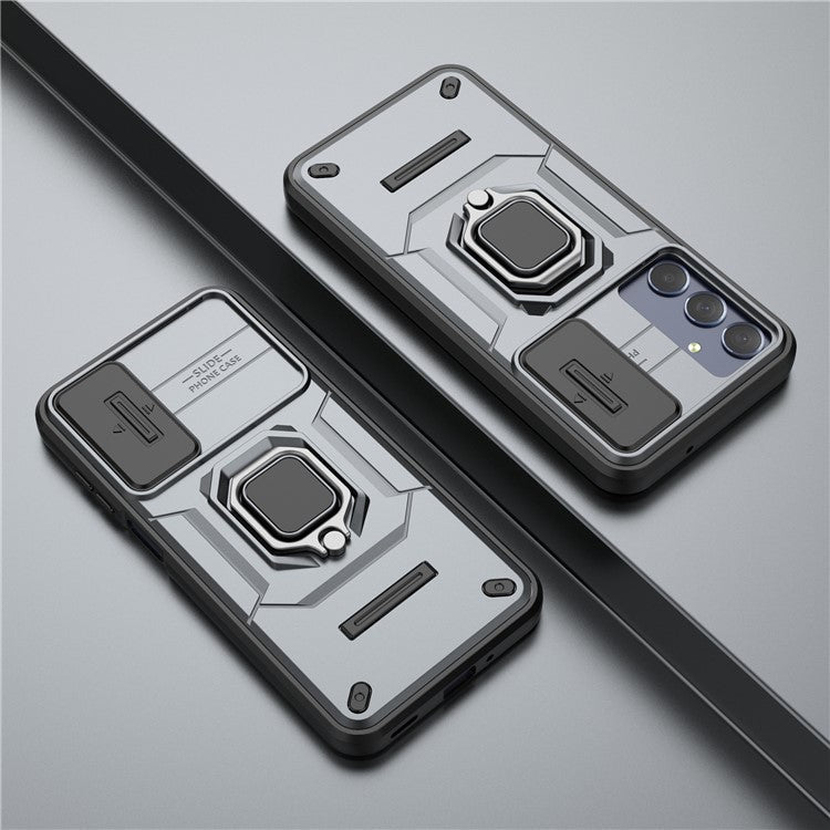For Samsung Galaxy M35 5G Case PC+TPU Kickstand Phone Protector with Lens Cover - Grey