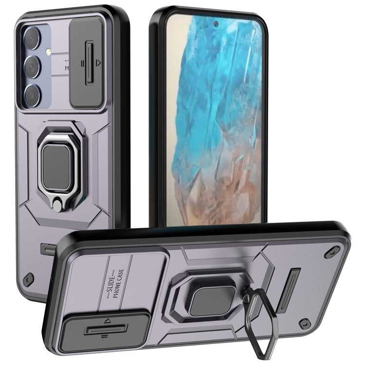 For Samsung Galaxy M35 5G Case PC+TPU Kickstand Phone Protector with Lens Cover - Purple