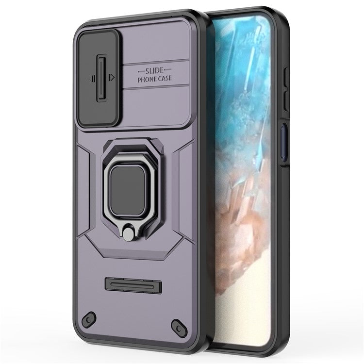 For Samsung Galaxy M35 5G Case PC+TPU Kickstand Phone Protector with Lens Cover - Purple