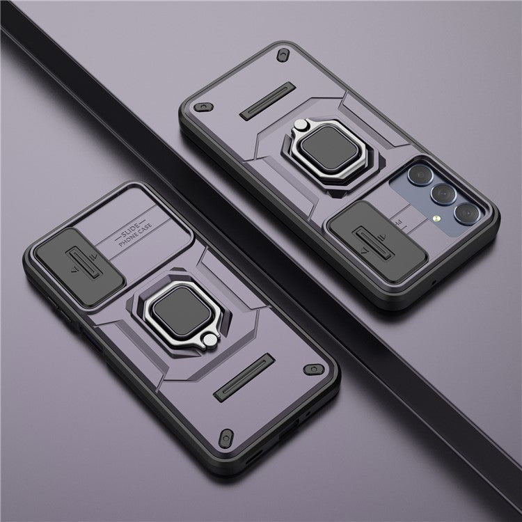 For Samsung Galaxy M35 5G Case PC+TPU Kickstand Phone Protector with Lens Cover - Purple
