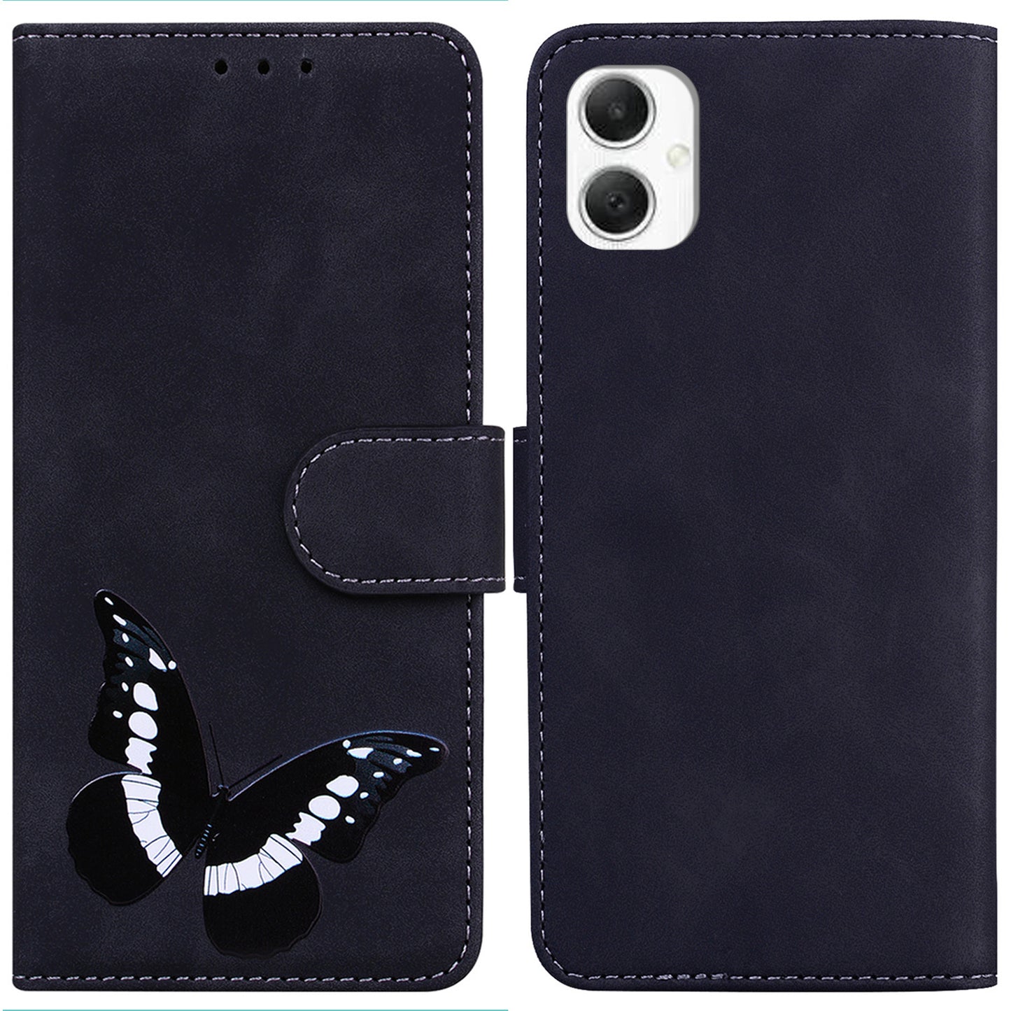 For Samsung Galaxy A06 Stand Case PU Leather Phone Cover Butterfly Printed - Black