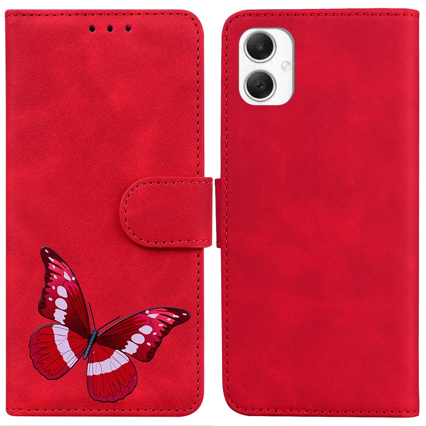 For Samsung Galaxy A06 Stand Case PU Leather Phone Cover Butterfly Printed - Red