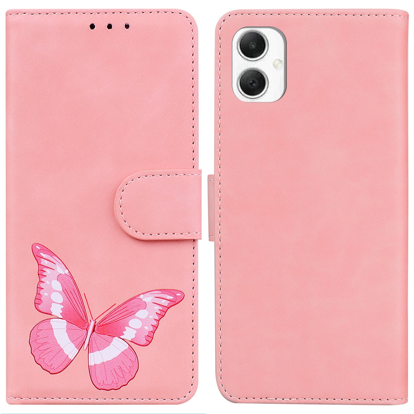 For Samsung Galaxy A06 Stand Case PU Leather Phone Cover Butterfly Printed - Pink