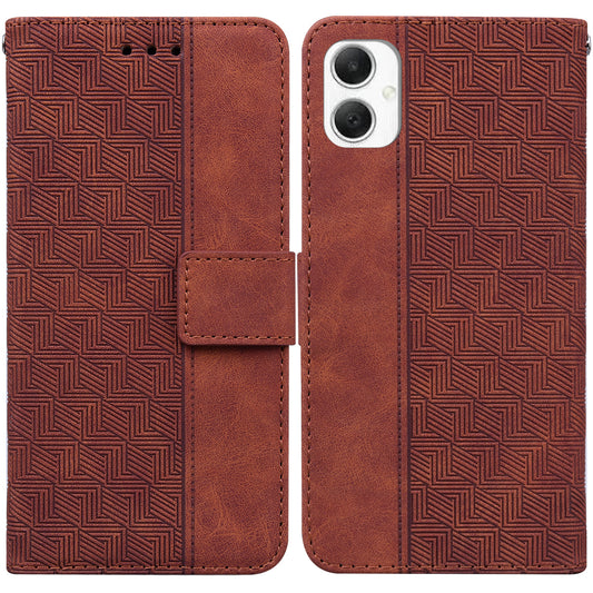 For Samsung Galaxy A06 Case Geometry Pattern Leather Wallet Phone Cover - Brown