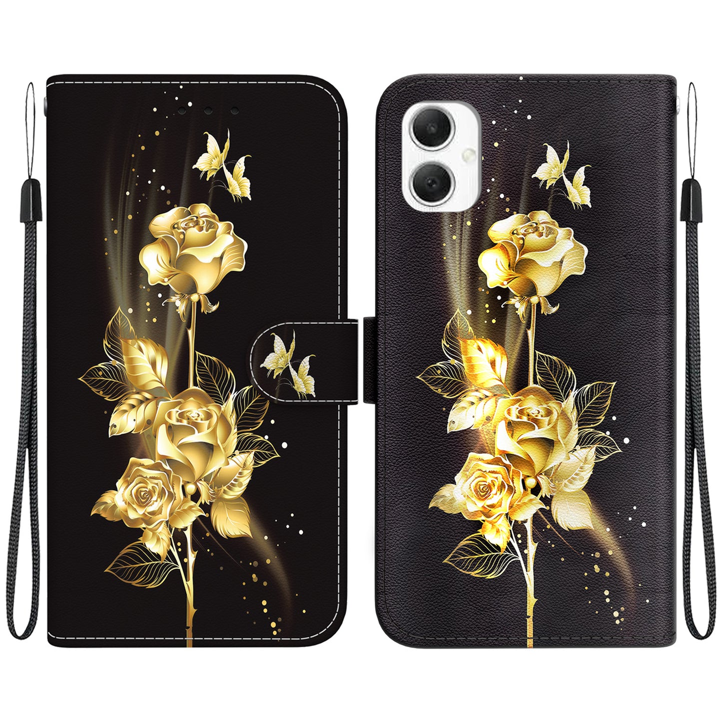 For Samsung Galaxy A06 Wallet Phone Case Anti-Drop Leather Flip Cover Pattern Printing - Gold Butterfly Rose
