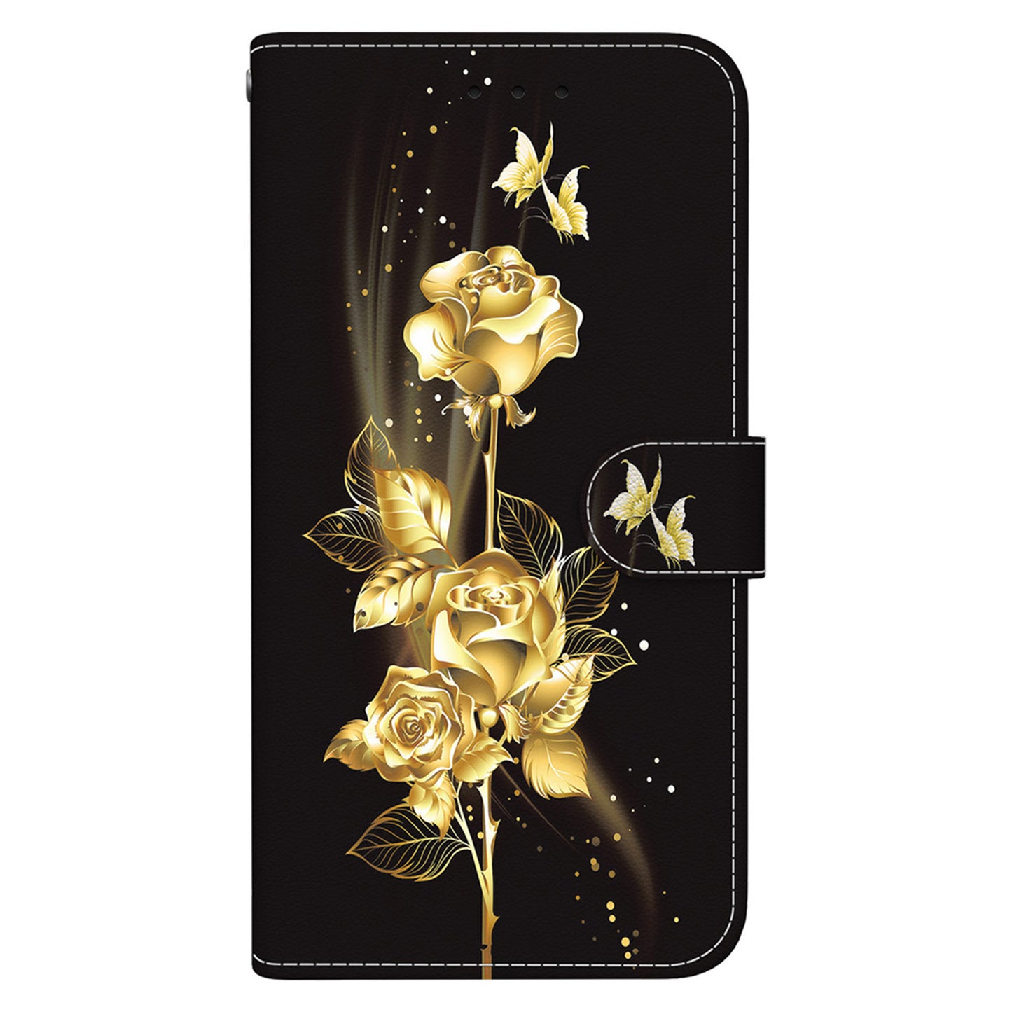For Samsung Galaxy A06 Wallet Phone Case Anti-Drop Leather Flip Cover Pattern Printing - Gold Butterfly Rose