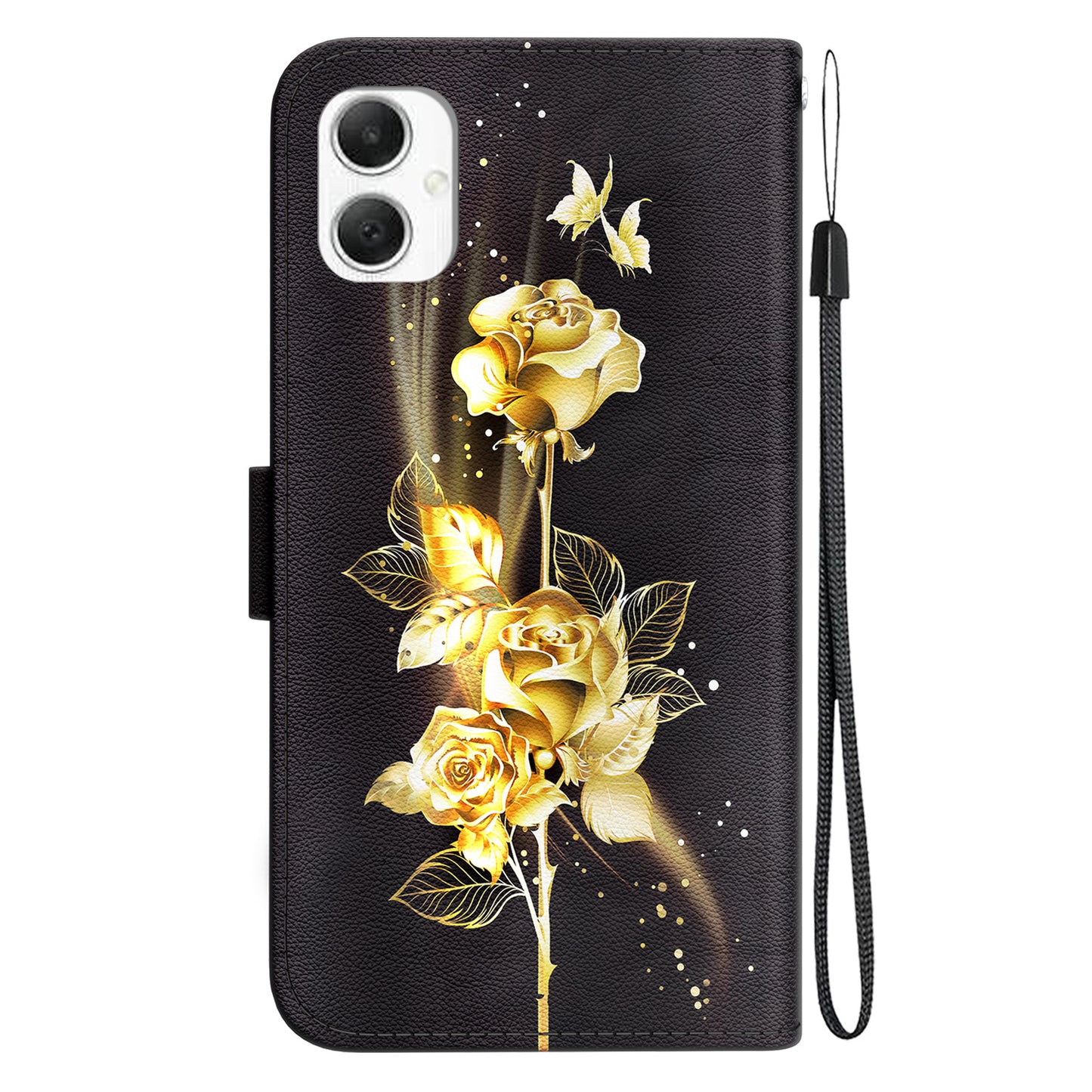 For Samsung Galaxy A06 Wallet Phone Case Anti-Drop Leather Flip Cover Pattern Printing - Gold Butterfly Rose