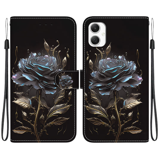 For Samsung Galaxy A06 Wallet Phone Case Anti-Drop Leather Flip Cover Pattern Printing - Black Rose