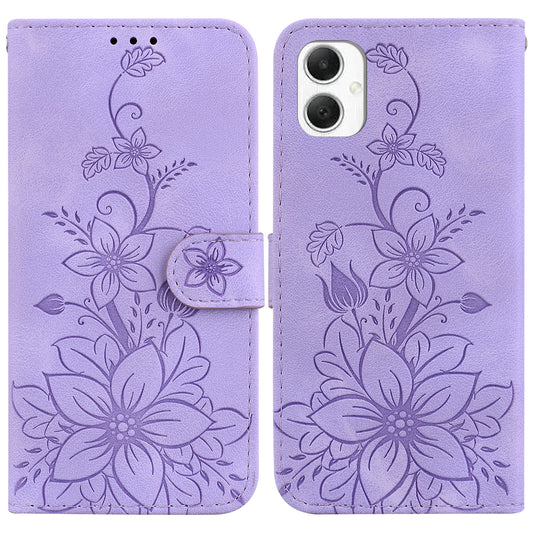 For Samsung Galaxy A06 Case Lily Flower Imprint Leather Phone Cover with Stand - Purple