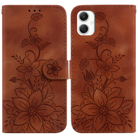 For Samsung Galaxy A06 Case Lily Flower Imprint Leather Phone Cover with Stand - Brown