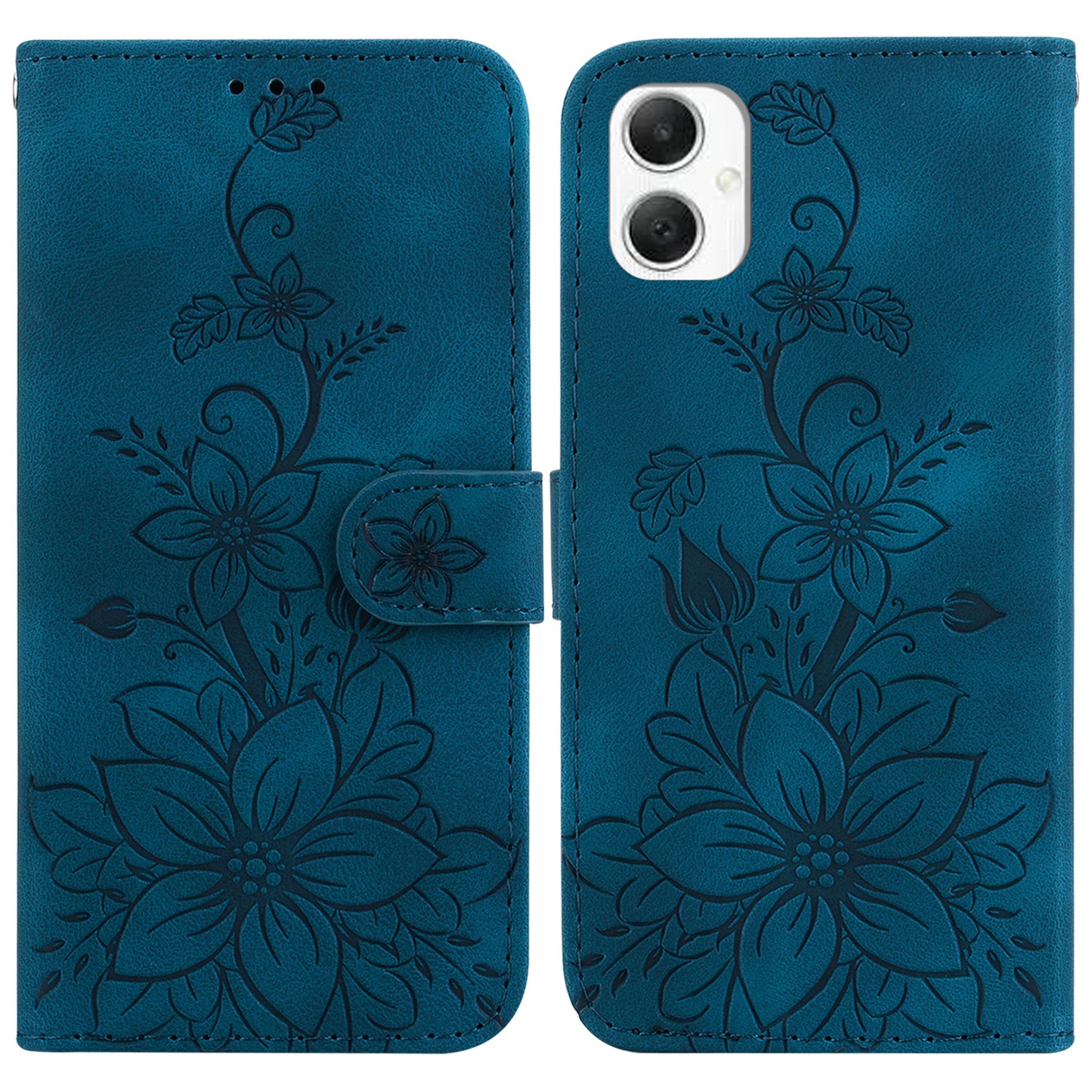 For Samsung Galaxy A06 Case Lily Flower Imprint Leather Phone Cover with Stand - Dark Blue