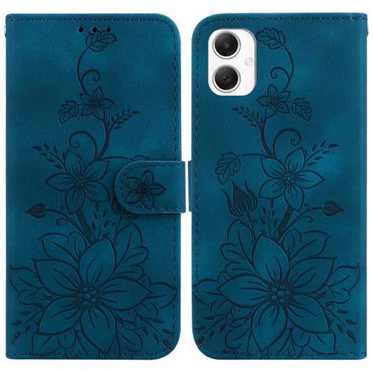 For Samsung Galaxy A06 Case Lily Flower Imprint Leather Phone Cover with Stand - Dark Blue